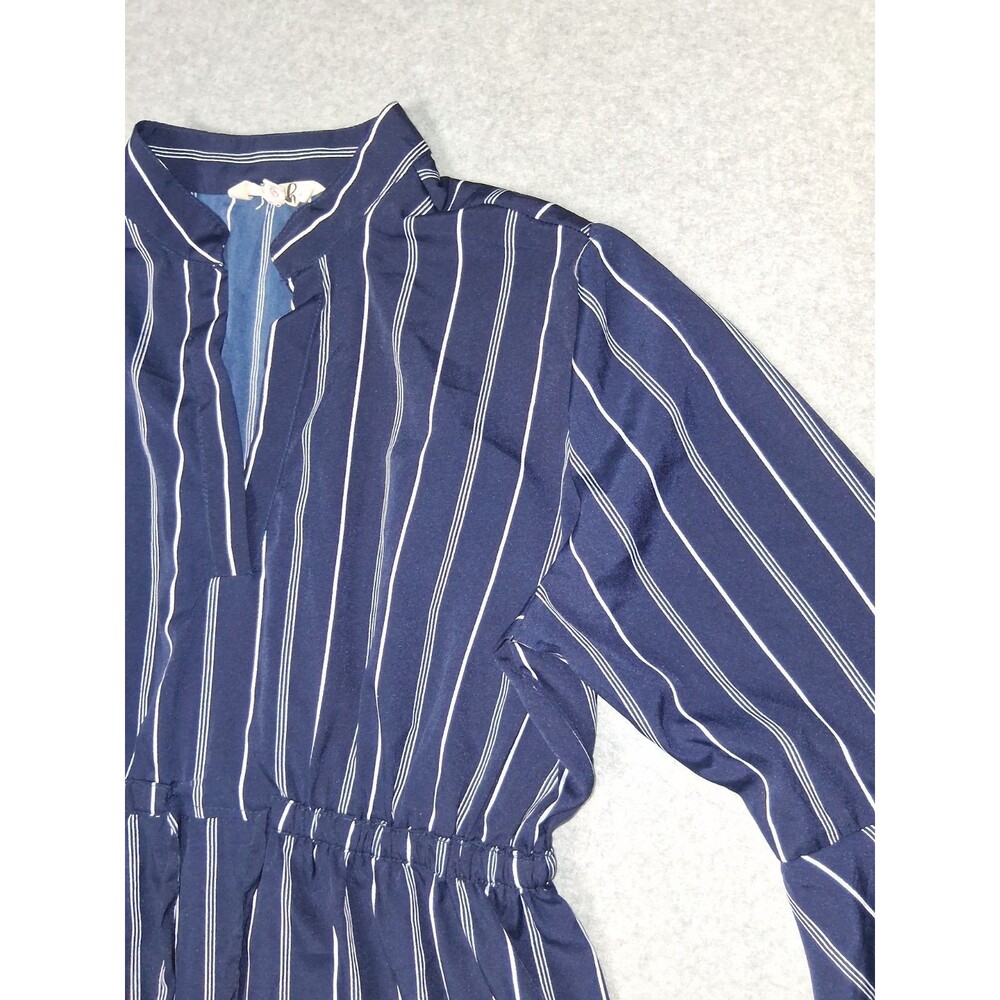 Hint Of Blush 3/4 Bell Sleeve Midi Dress Small Navy Blue Pinstripe Nautical - Picture 4 of 12